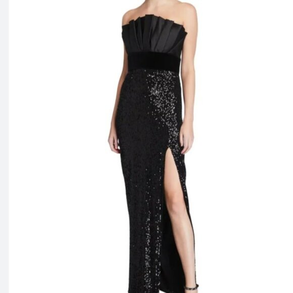 JayGodfrey Black Pleated Bodice Sequin Long Evening Designer Gown.  SZ 0 - Picture 1 of 5